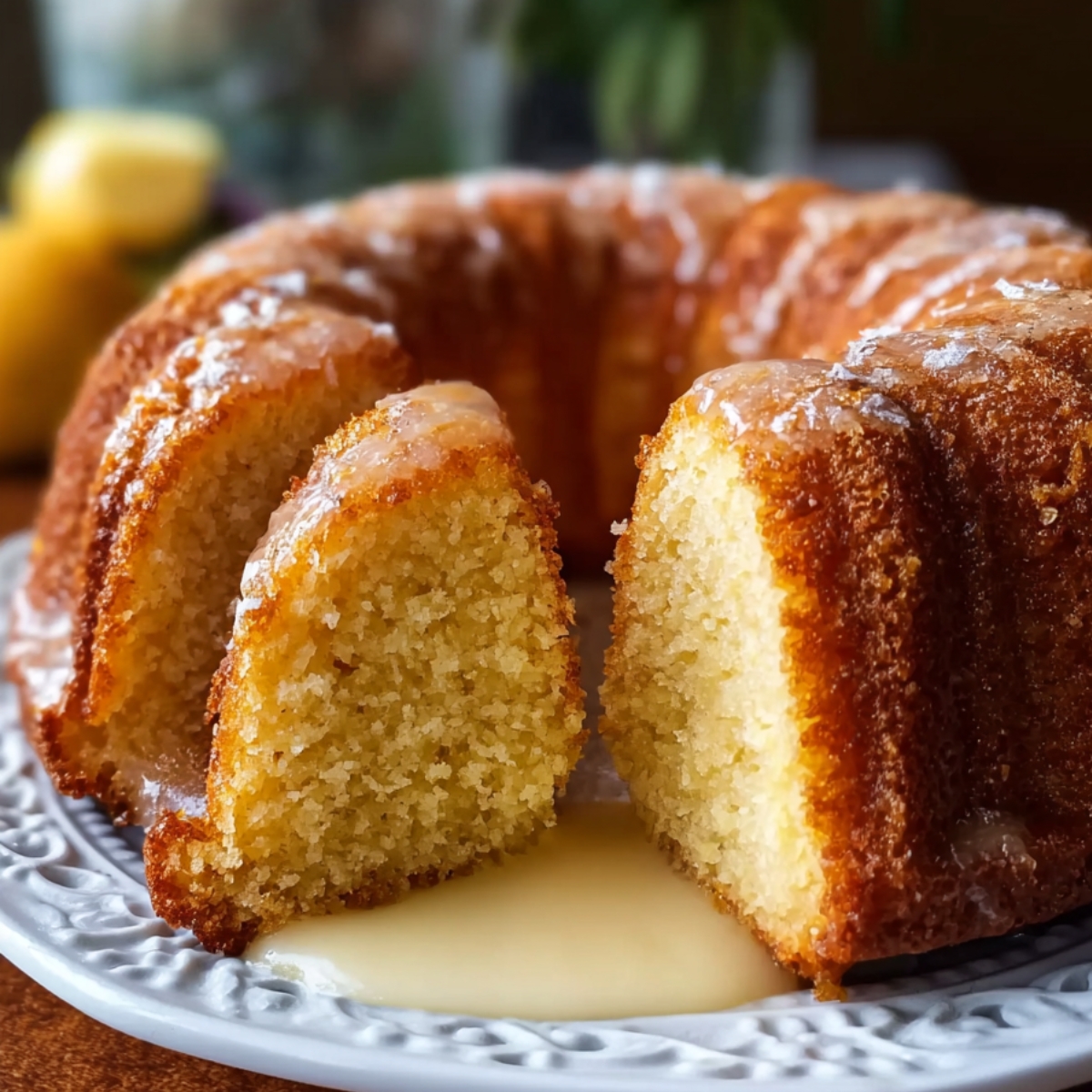A homemade Kentucky butter cake with a slice removed, showing its moist golden crumb and buttery glaze dripping onto the plate.