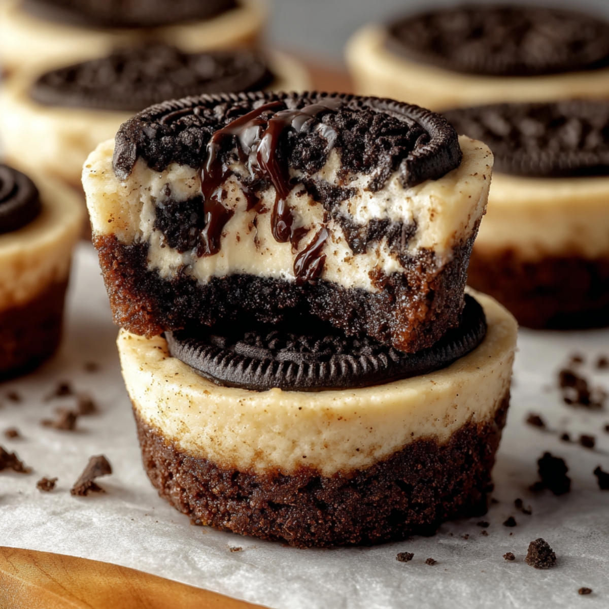 Easy Oreo Cheesecake Cookie Cups 10 Easy Oreo Cheesecake Cookie Cups with creamy filling, chocolate drizzle, and Oreo cookie layers on parchment paper.
