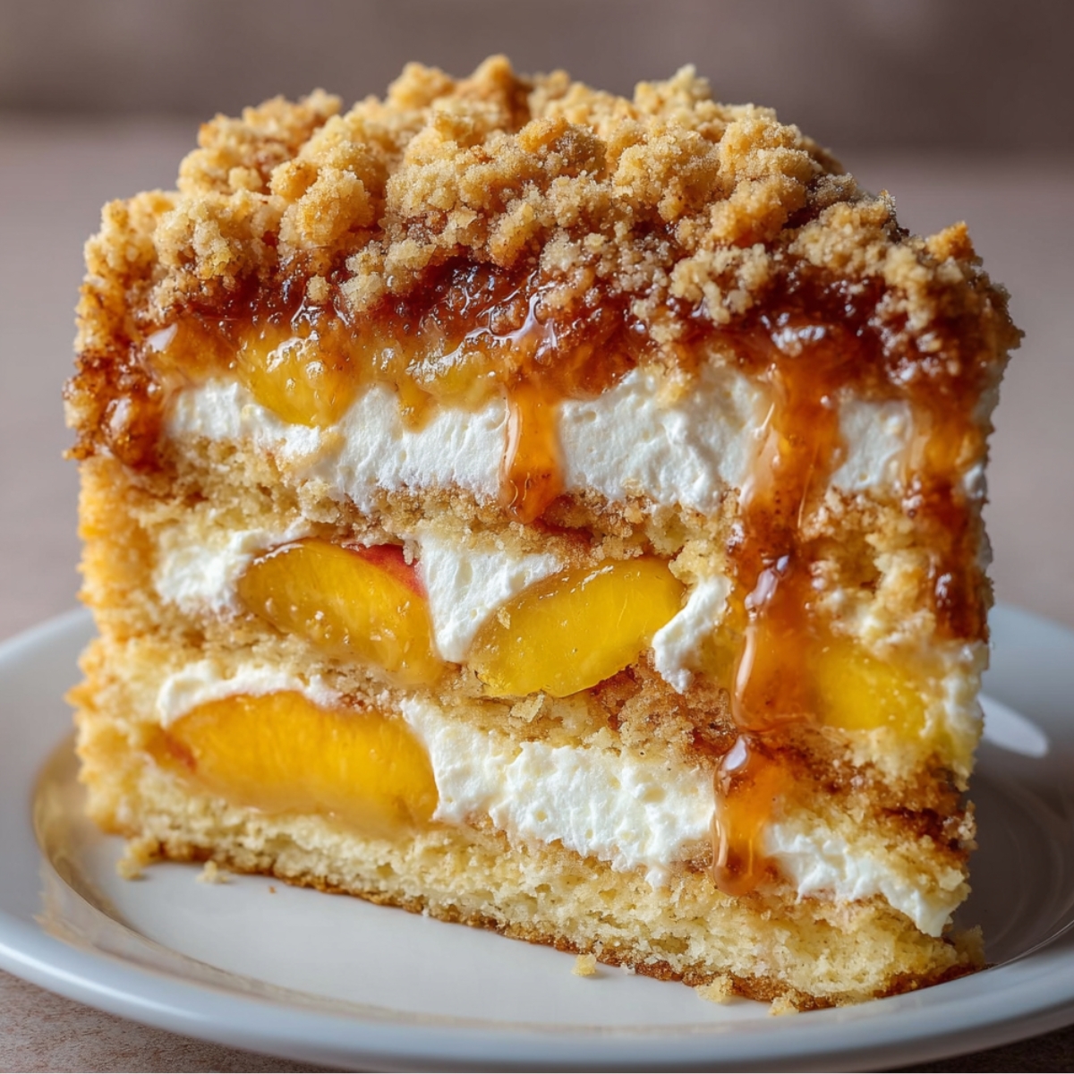 A homemade slice of peach cobbler cake with layers of moist vanilla cake, whipped cream, juicy peaches, and a crumb topping on a white plate.