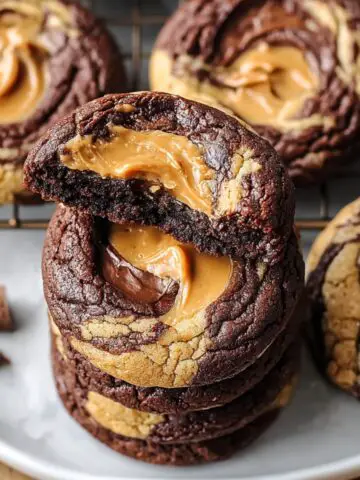 Easy Peanut Butter Brownie Swirl Cookies stacked on a plate, showing rich chocolate and peanut butter layers with gooey centers.
