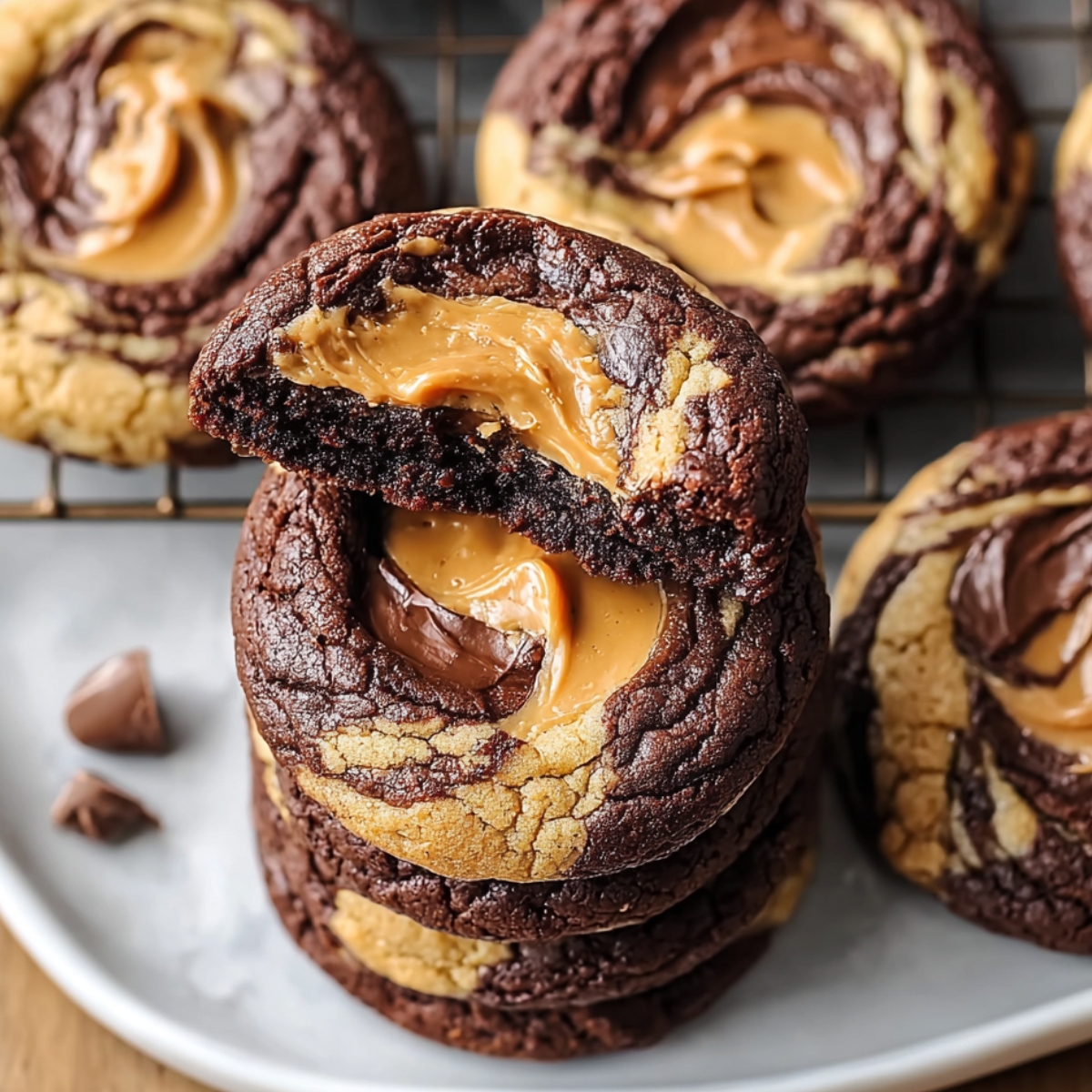 Easy Peanut Butter Brownie Swirl Cookies stacked on a plate, showing rich chocolate and peanut butter layers with gooey centers.