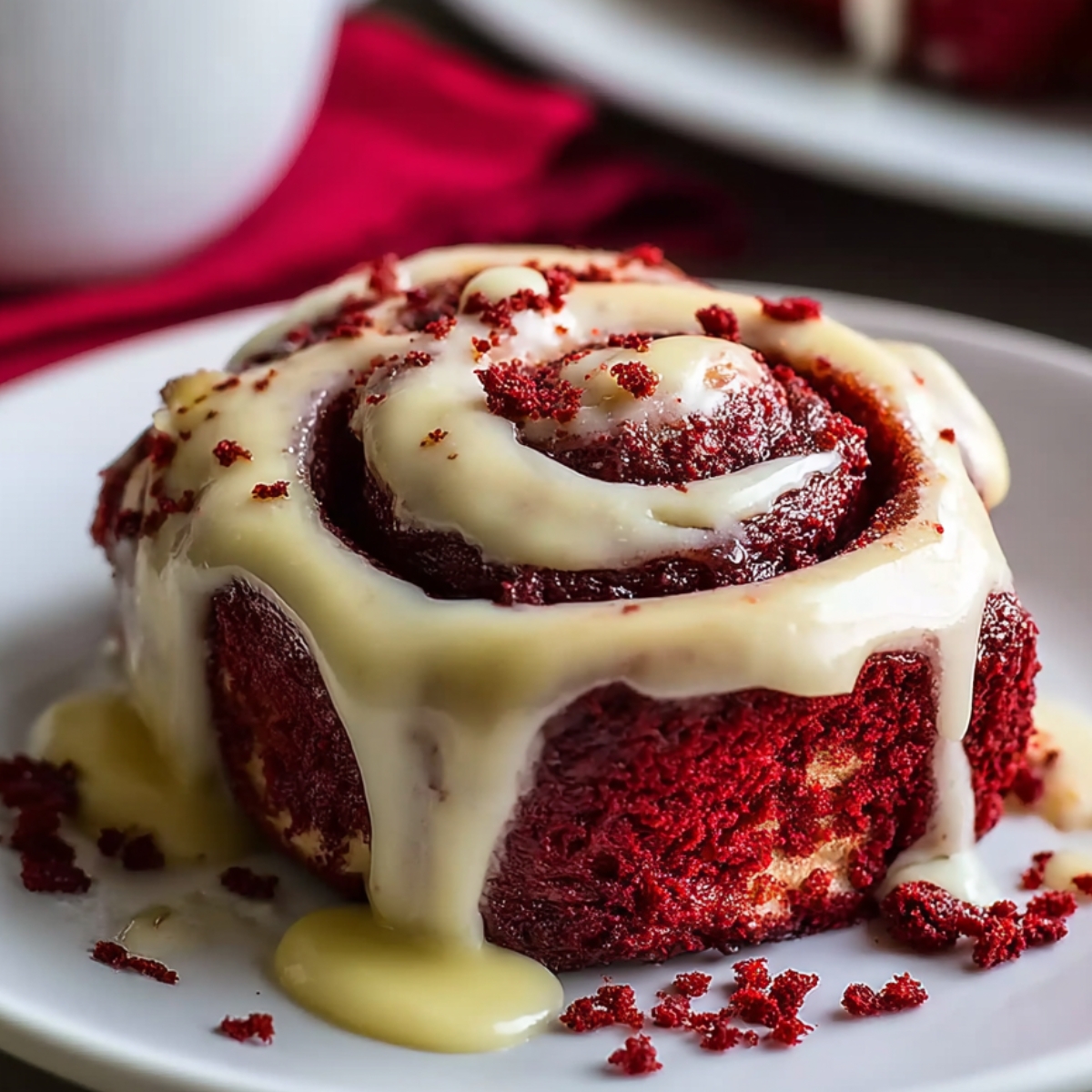 Homemade red velvet cinnamon rolls topped with creamy vanilla icing and sprinkled with red velvet crumbs, served warm on a white plate for a cozy, real bakery look.