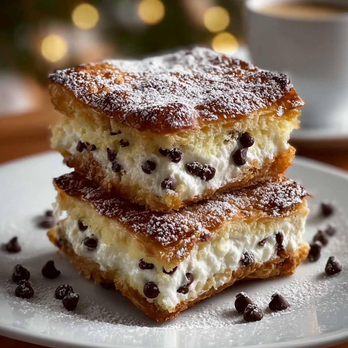 Easy Ricotta Cannoli Squares stacked on a plate, filled with creamy ricotta and mini chocolate chips, topped with powdered sugar and surrounded by scattered chocolate chips.