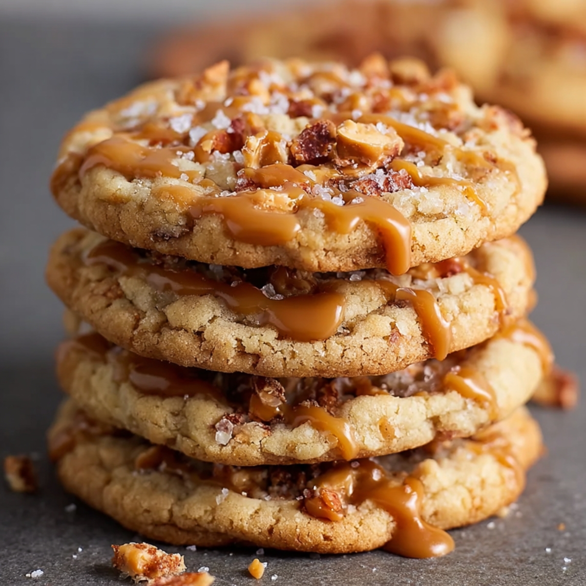 Stack of homemade salted caramel crunch cookies with golden crispy edges, gooey caramel drizzle, crushed caramel bits, and flaky sea salt on top.