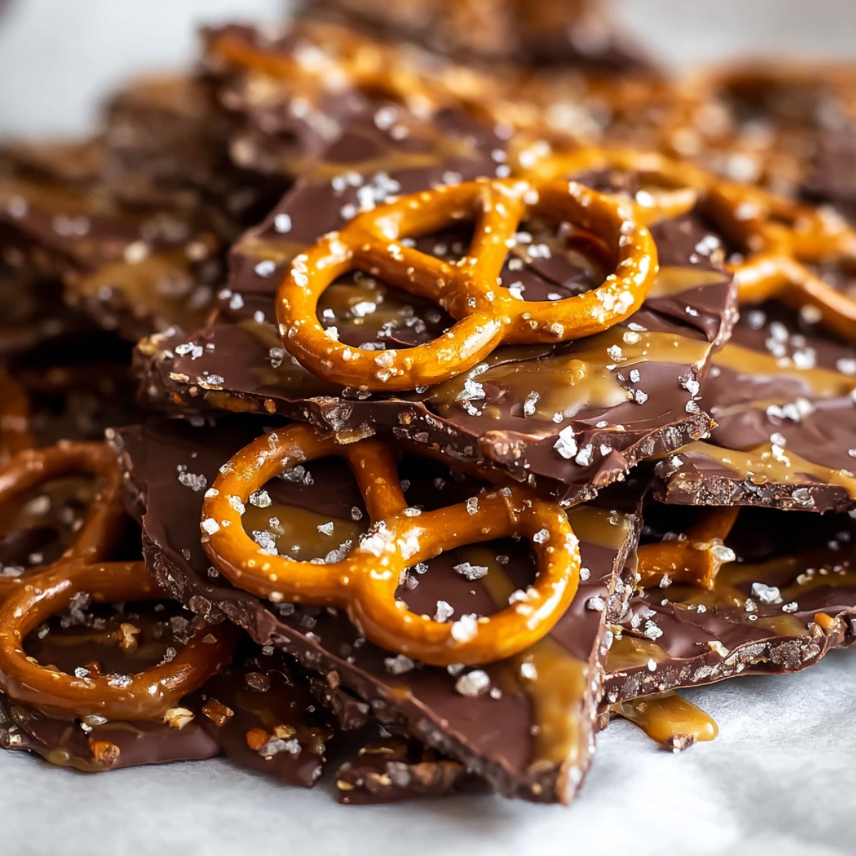 Easy Salted Caramel Pretzel Bark, showing jagged pieces of dark chocolate coated in gooey caramel, topped with whole crunchy pretzels and sprinkled with flaky sea salt.