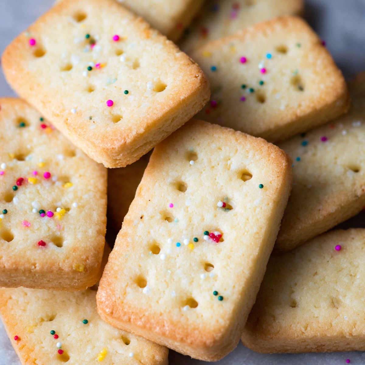 A small stack of homemade shortbread cookies on a plate, lightly golden with a dusting of sugar and traditional fork-docked holes.
