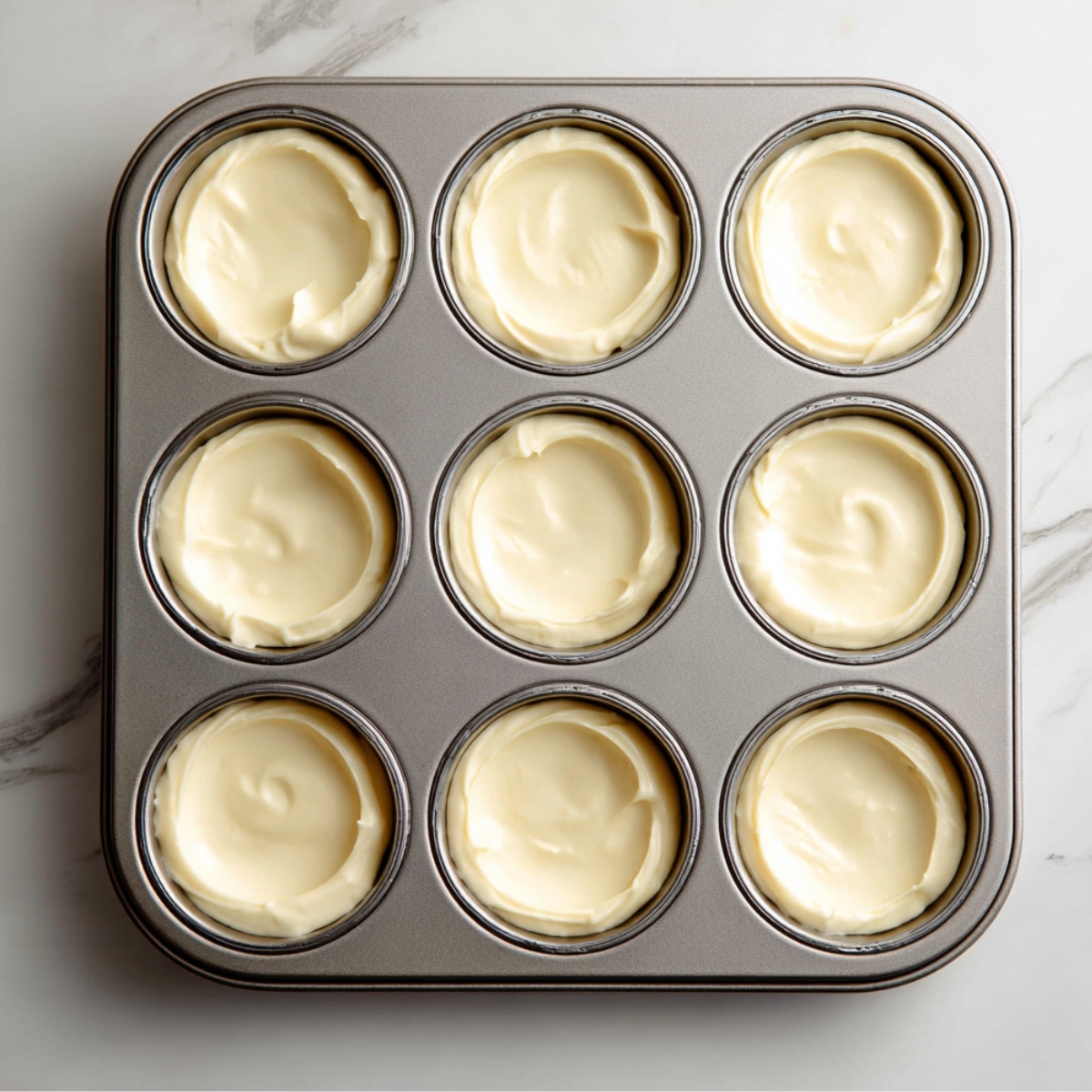 A muffin tin filled with smooth, creamy cheesecake batter ready to bake for homemade crème brûlée cheesecake cupcakes, sitting on a marble countertop.