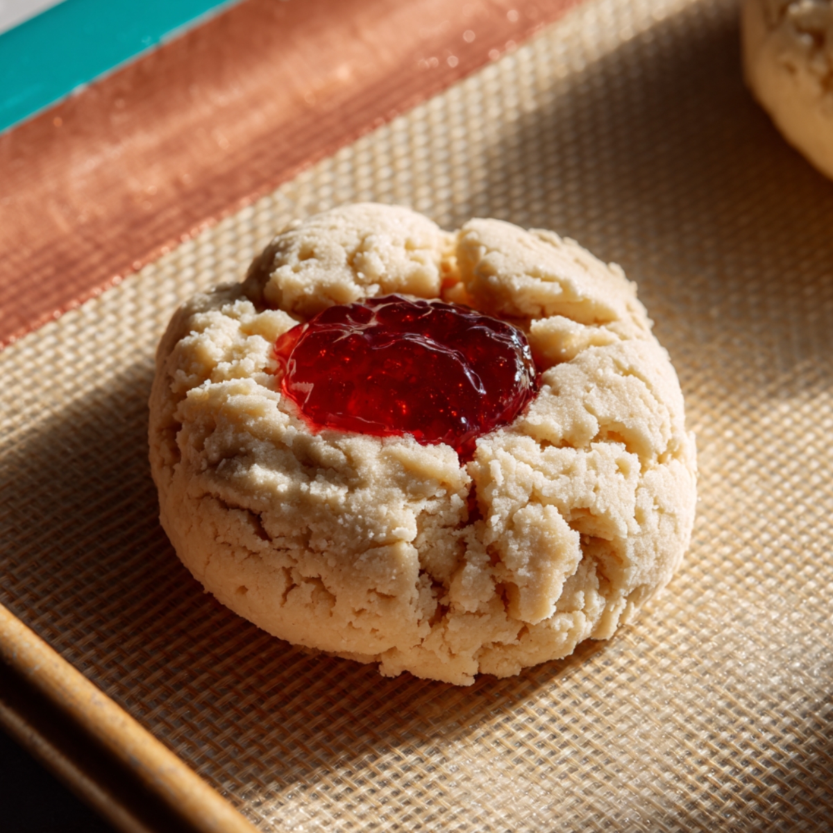A soft, homemade sugar cookie with a cracked surface sits on a baking mat, filled in the center with glossy red strawberry jam.