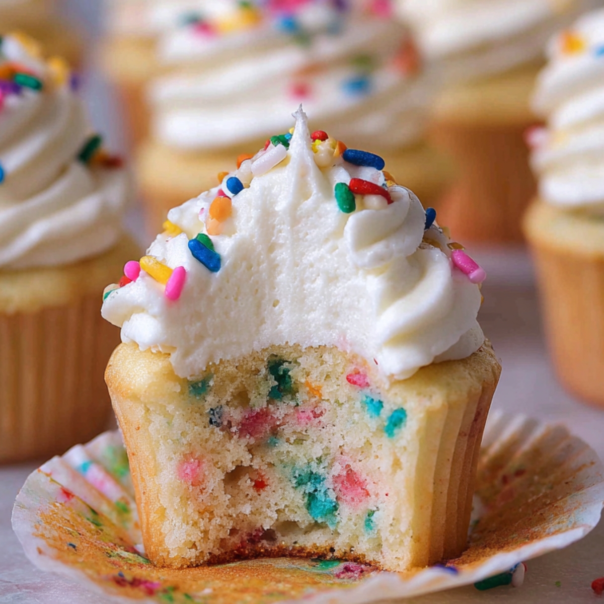 Funfetti Vanilla Cupcakes with a bite taken out, showing a soft, fluffy vanilla crumb filled with colorful rainbow sprinkles, topped with creamy white buttercream frosting and extra sprinkles, with other frosted cupcakes blurred in the background.