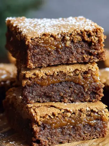 Gingerbread Brownies with a fudgy, moist center and crackly sugar top, lightly dusted with powdered sugar.