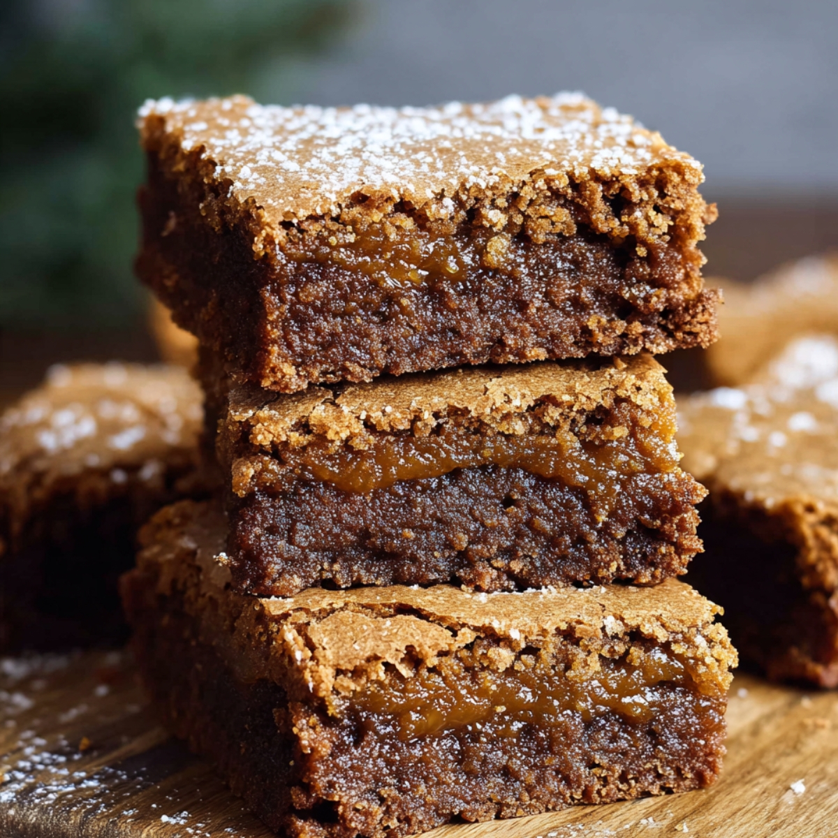 Gingerbread Brownies with a fudgy, moist center and crackly sugar top, lightly dusted with powdered sugar.