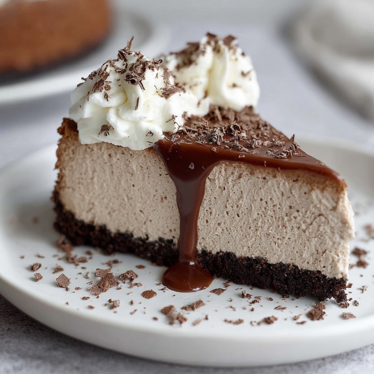 Homemade Baileys Cheesecake topped with whipped cream, chocolate shavings, and warm chocolate sauce dripping down the side on a white plate.