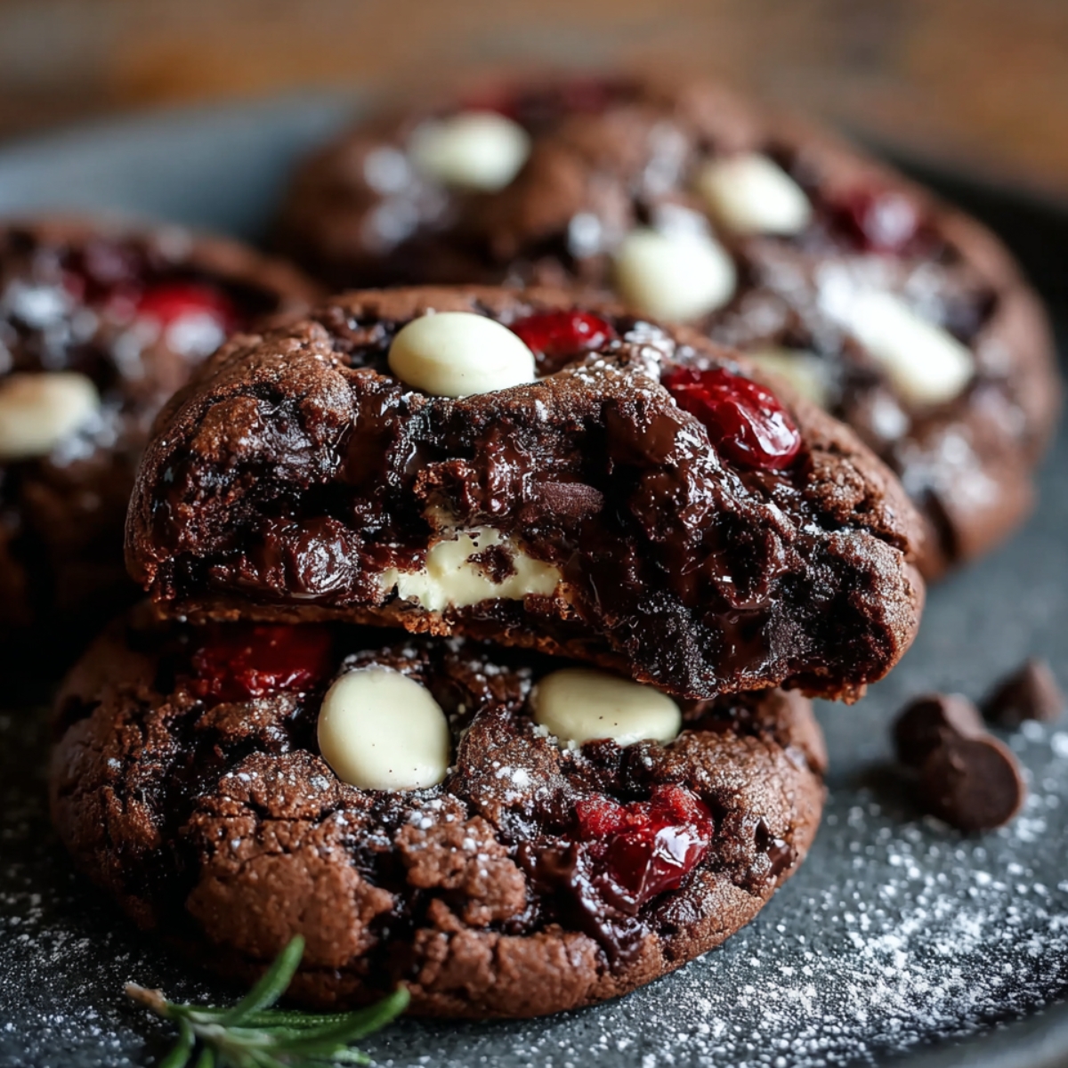 Homemade Black Forest Cookies with gooey melted chocolate, bright red cherries, and white chocolate chunks, sitting on a dark surface dusted lightly with powdered sugar.
