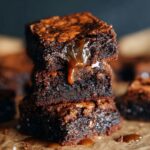 Homemade Brown Butter Brownies with a crackly top and gooey caramel dripping down the sides.
