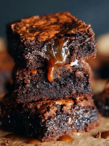 Homemade Brown Butter Brownies with a crackly top and gooey caramel dripping down the sides.