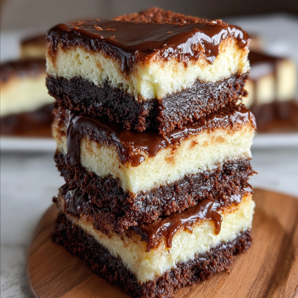 Homemade Brownie Bottom Cheesecake Bars with rich chocolate ganache, featuring fudgy brownie layers, creamy cheesecake filling, and glossy melted chocolate on top.