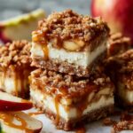 Homemade caramel apple cheesecake bars stacked on a plate, topped with crumble and dripping caramel sauce.