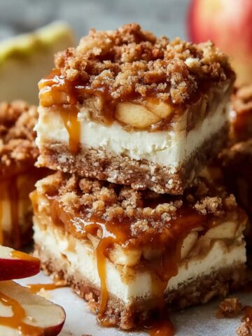 Homemade caramel apple cheesecake bars stacked on a plate, topped with crumble and dripping caramel sauce.