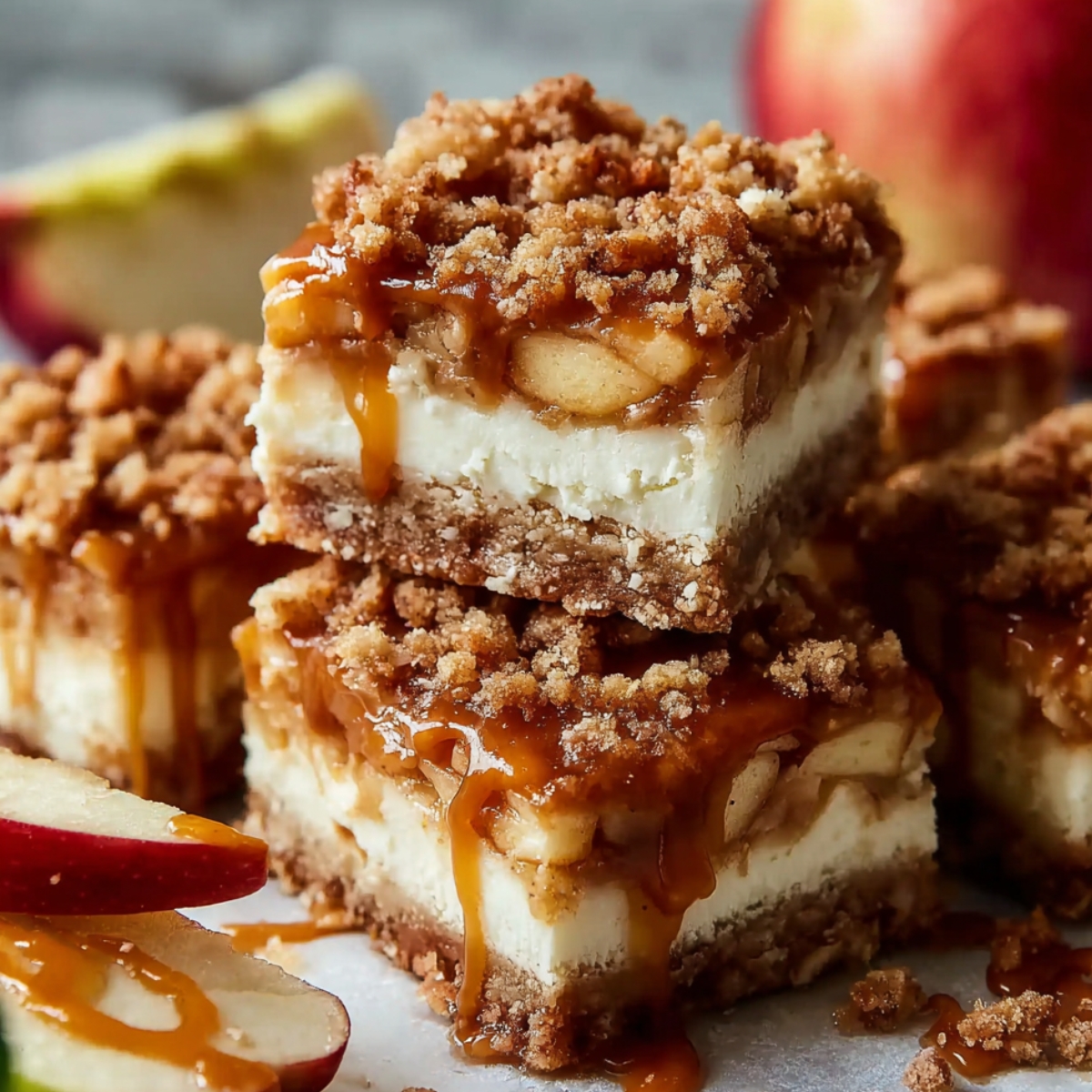 Homemade caramel apple cheesecake bars stacked on a plate, topped with crumble and dripping caramel sauce.
