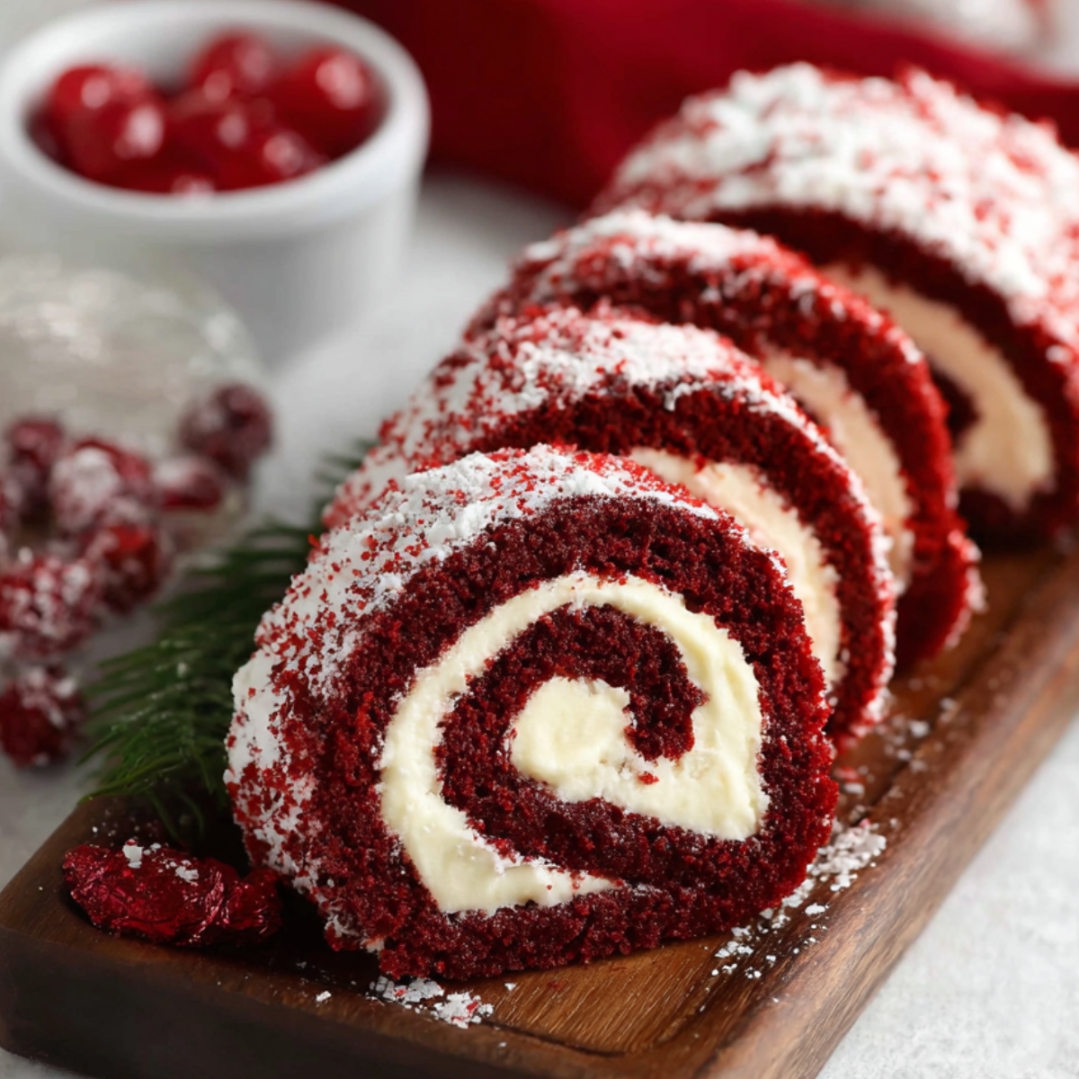 Homemade red velvet cake roll slices arranged on a white platter, showing a bright red sponge with a thick swirl of creamy white filling and a dusting of powdered sugar.