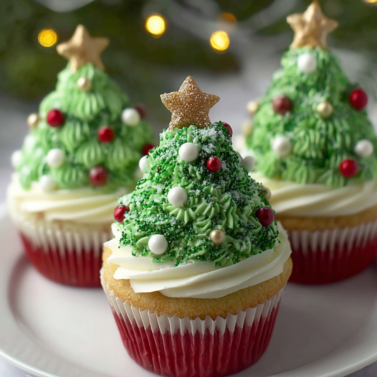 Homemade Christmas tree cupcakes with green buttercream trees, red and white candy ornaments, and star toppers.