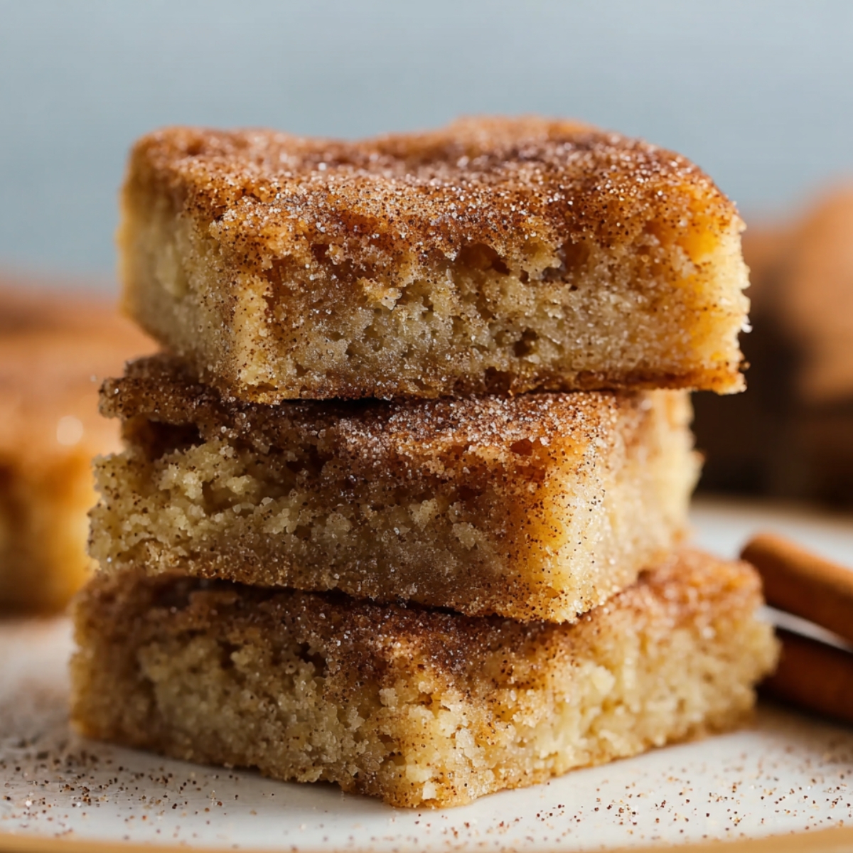 Homemade Cinnamon Sugar Blondies Recipe with a golden, buttery texture and a cinnamon-sugar topping, shown up close on a plate.