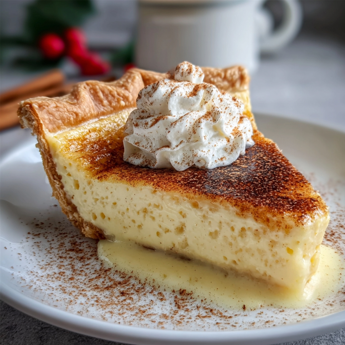 Slice of cinnamon vanilla custard pie with a caramelized top and whipped cream, served on a white plate with cinnamon sprinkled around.