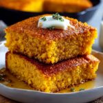 Homemade Cornbread Recipe squares stacked in a cast-iron skillet, with a golden crust, moist crumb, and a melting pat of butter topped with fresh herbs.