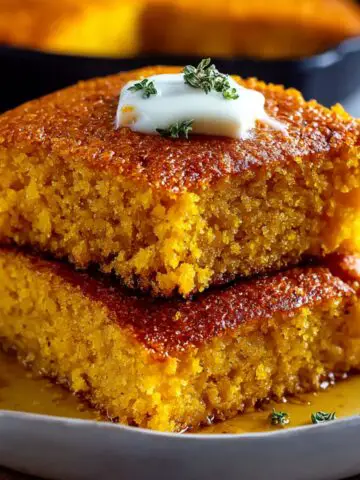 Homemade Cornbread Recipe squares stacked in a cast-iron skillet, with a golden crust, moist crumb, and a melting pat of butter topped with fresh herbs.