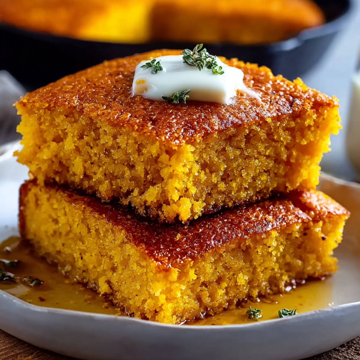 Homemade Cornbread Recipe squares stacked in a cast-iron skillet, with a golden crust, moist crumb, and a melting pat of butter topped with fresh herbs.