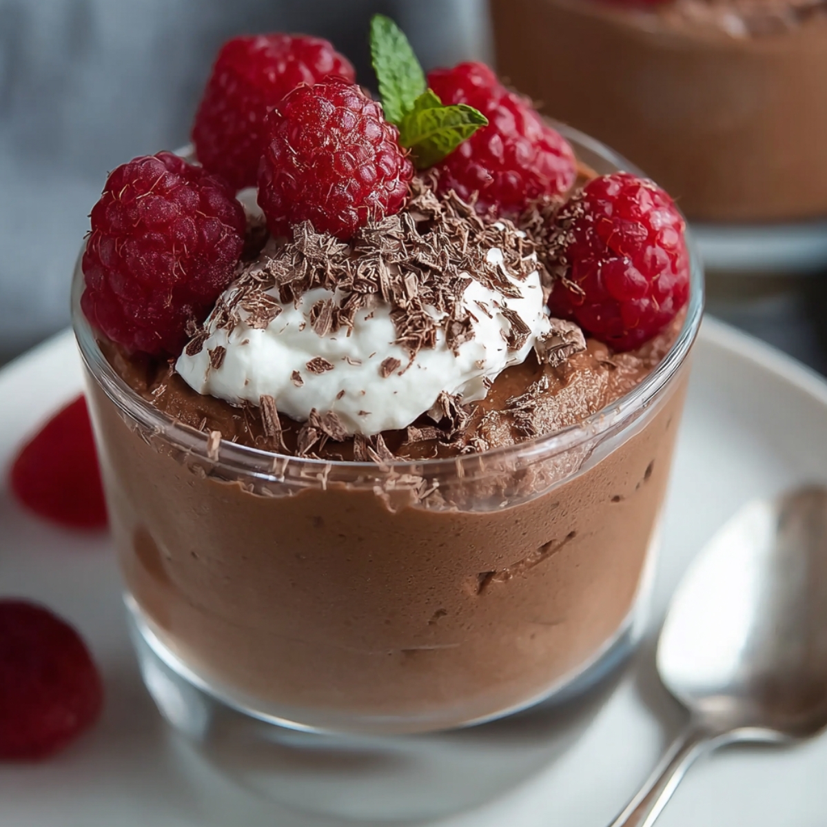 Homemade Cottage Cheese Chocolate Mousse, topped with whipped cream, fresh raspberries, and chocolate shavings, served on a white plate with a spoon and a strawberry beside it.