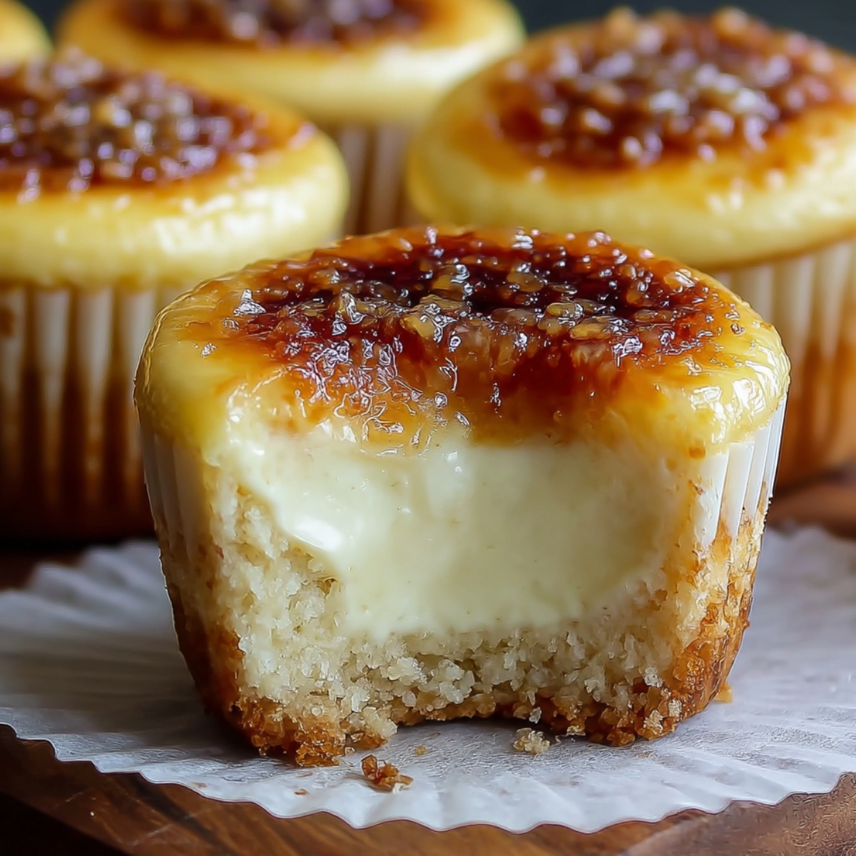 Homemade Creme Brulee Cheesecake Cupcakes with a bite taken out, showing its creamy center, golden caramelized sugar topping, and buttery graham cracker crust in a paper liner.
