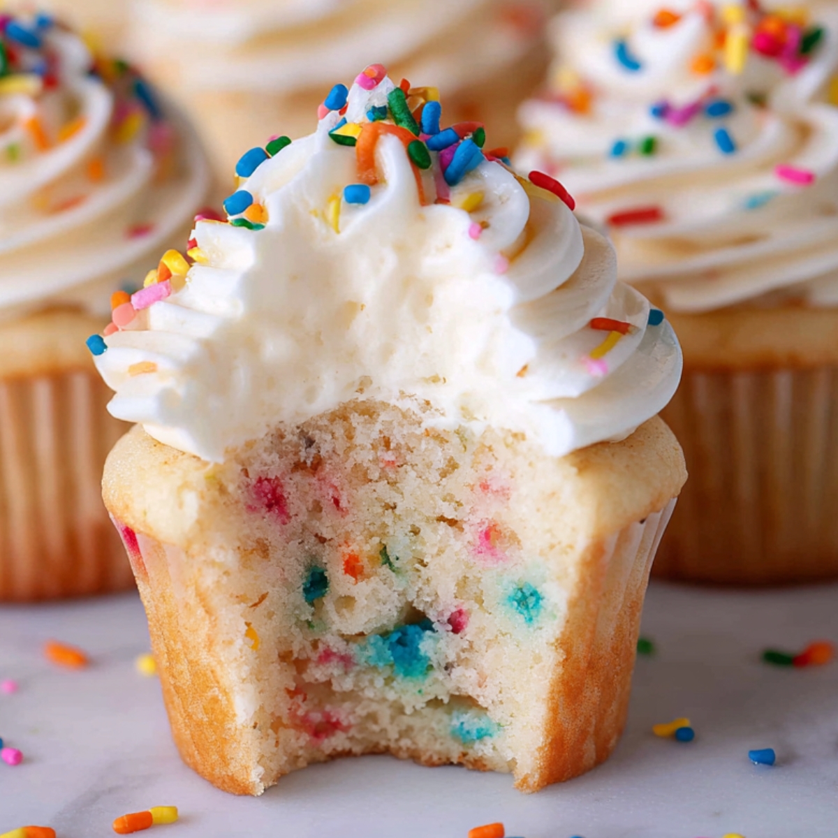 Homemade Funfetti Vanilla Cupcakes with a bite taken out, showing a soft, moist crumb filled with colorful rainbow sprinkles, topped with creamy white buttercream frosting and extra sprinkles, with more cupcakes blurred in the background on a light surface.