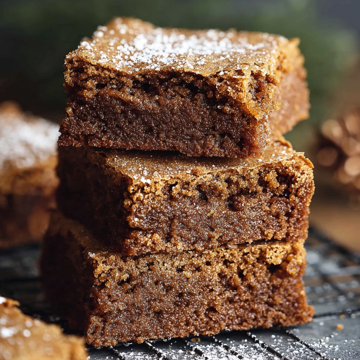 Stack of homemade gingerbread brownies with a fudgy, gooey center and crackly tops, lightly dusted with powdered sugar.