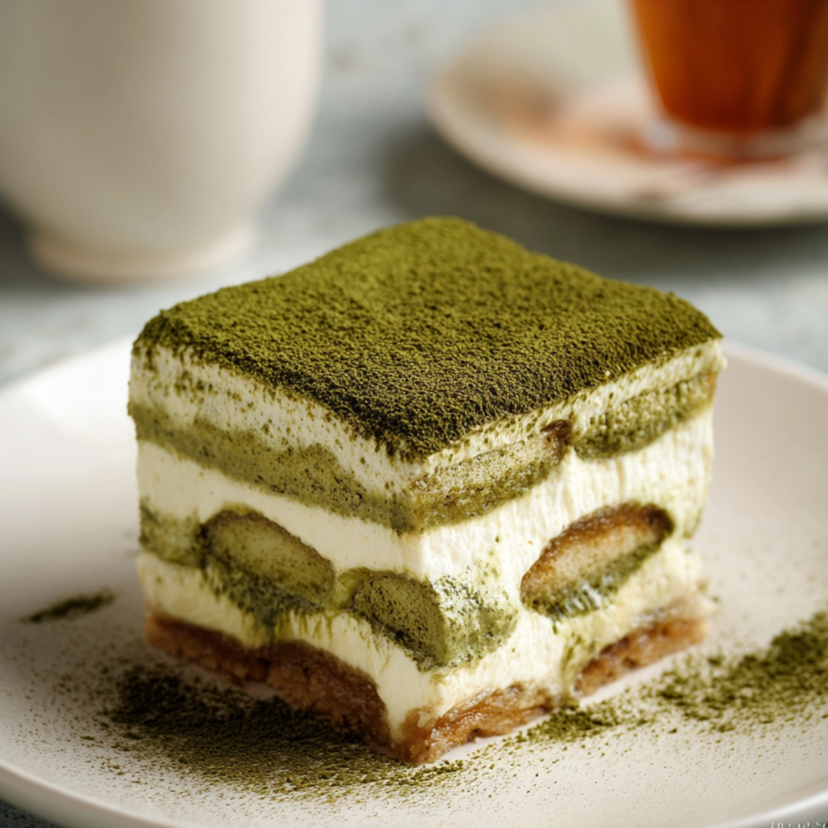Homemade Matcha Tiramisu on a white plate, showing layers of creamy mascarpone and matcha-soaked ladyfingers, topped with a thick dusting of matcha powder.