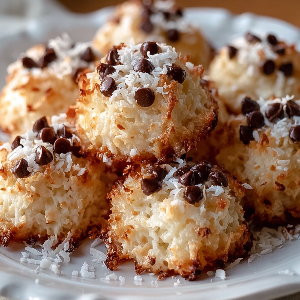 Homemade no bake moose farts stacked on a plate, with toasted coconut edges and mini chocolate chips sprinkled on top.