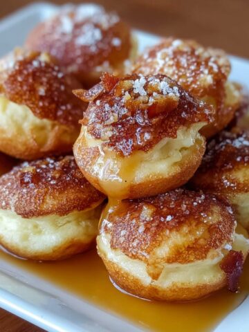 Homemade pancake poppers stacked on a white plate, golden-brown and fluffy with crisp edges, drizzled in warm maple syrup and sprinkled with coarse sugar for a rustic, cozy look.