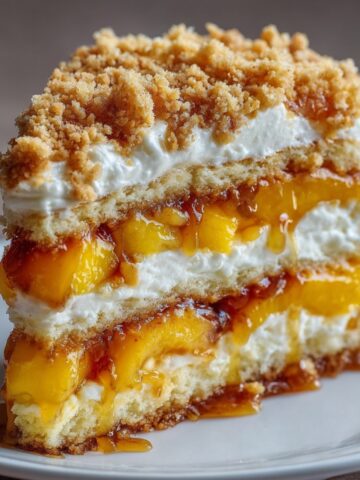 Homemade Peach Cobbler Cake layered with whipped cream, juicy peaches, and a crumb topping, with peach syrup dripping down the sides.