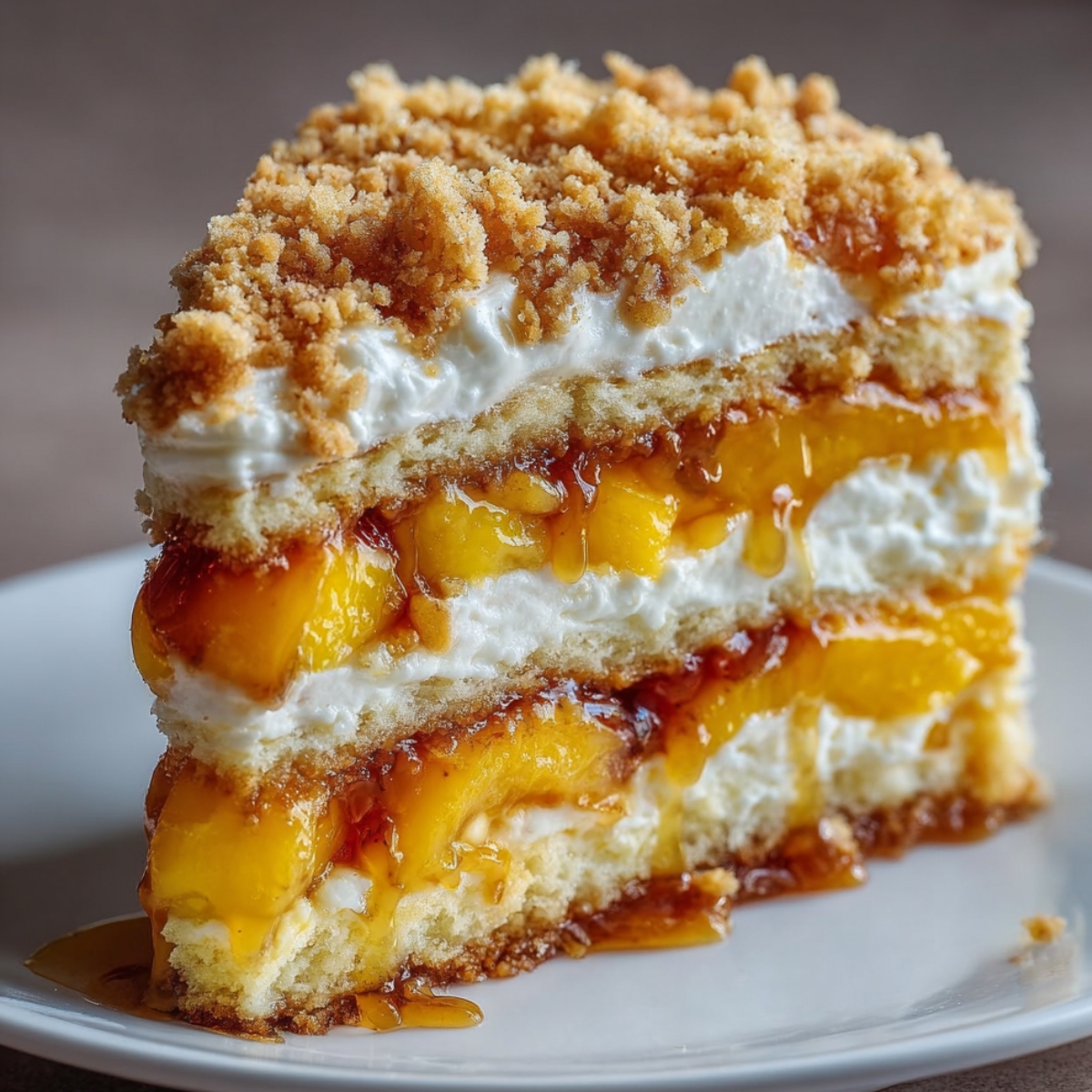 Homemade Peach Cobbler Cake layered with whipped cream, juicy peaches, and a crumb topping, with peach syrup dripping down the sides.