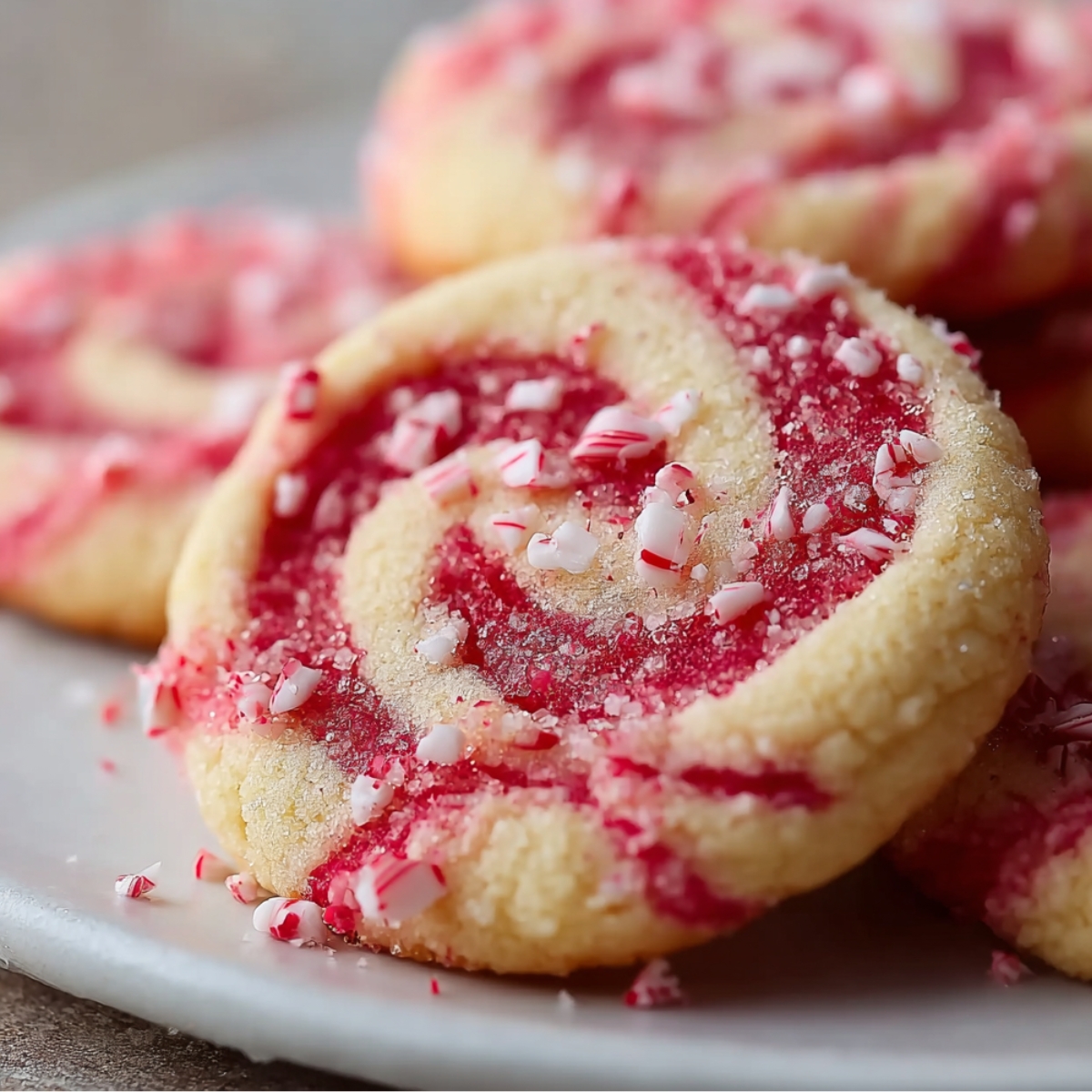 Homemade peppermint swirl cookies with red and white spiral dough, topped with crushed candy cane pieces and a light sugar sparkle, resting on a white plate — soft, buttery, and festive for the holidays.