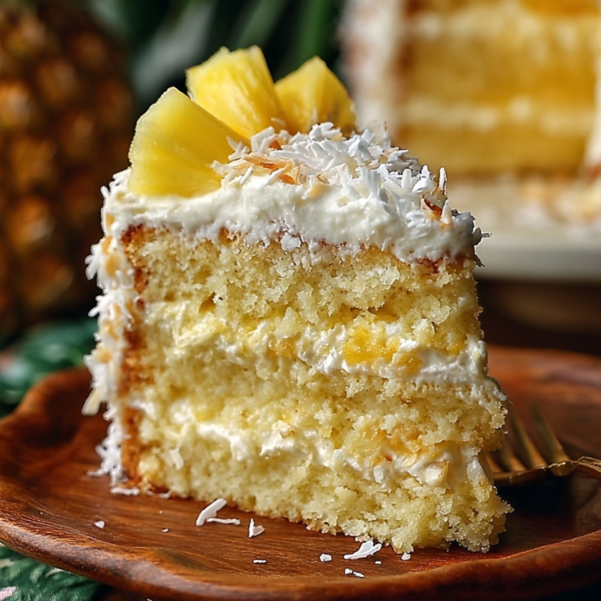 Homemade Pineapple Coconut Dream Cake on a wooden plate, with layers of moist yellow cake, creamy pineapple filling, and frosting topped with shredded coconut and pineapple chunks.