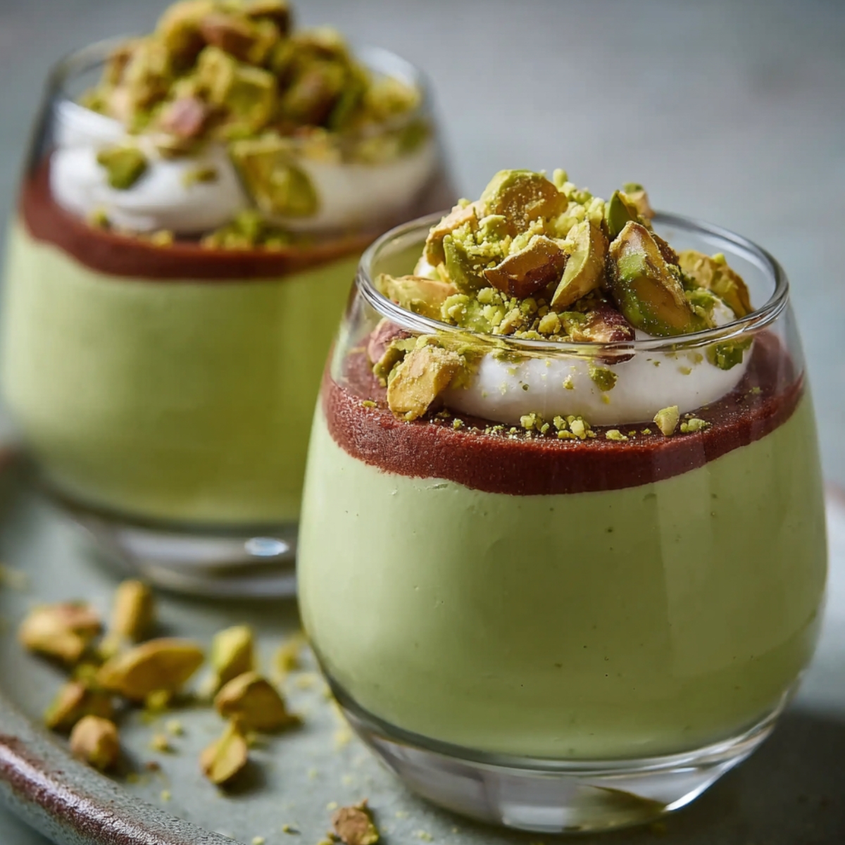 Homemade pistachio mousse in small glass cups topped with chocolate ganache, whipped cream, and chopped pistachios.