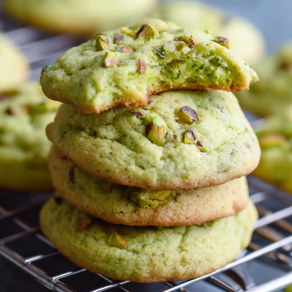Homemade Pistachio Pudding Cookies on a cooling rack, topped with chopped pistachios and a soft chewy green center visible from a half-eaten cookie.
