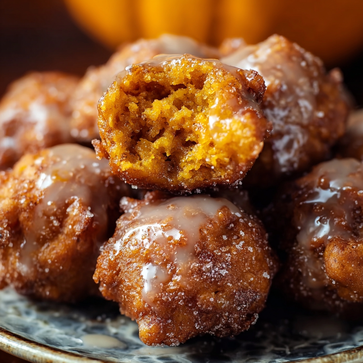 Homemade Pumpkin Fritters stacked on a ceramic plate, showing their golden-brown crispy edges, sugar-coated glaze, and soft orange pumpkin interior that looks freshly fried and tender inside, lit with warm natural light for a cozy, homemade feel.