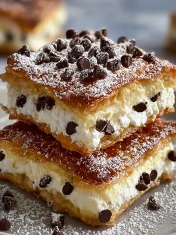 Homemade Ricotta Cannoli Squares stacked on a plate, filled with creamy ricotta and mini chocolate chips, topped with powdered sugar.