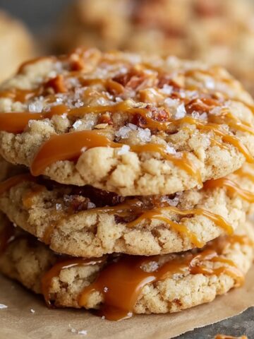 Stack of homemade salted caramel crunch cookies drizzled with caramel and sprinkled with flaky sea salt on a piece of parchment paper.
