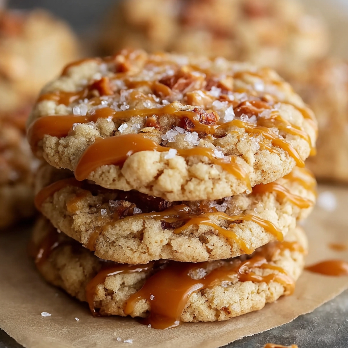 Stack of homemade salted caramel crunch cookies drizzled with caramel and sprinkled with flaky sea salt on a piece of parchment paper.