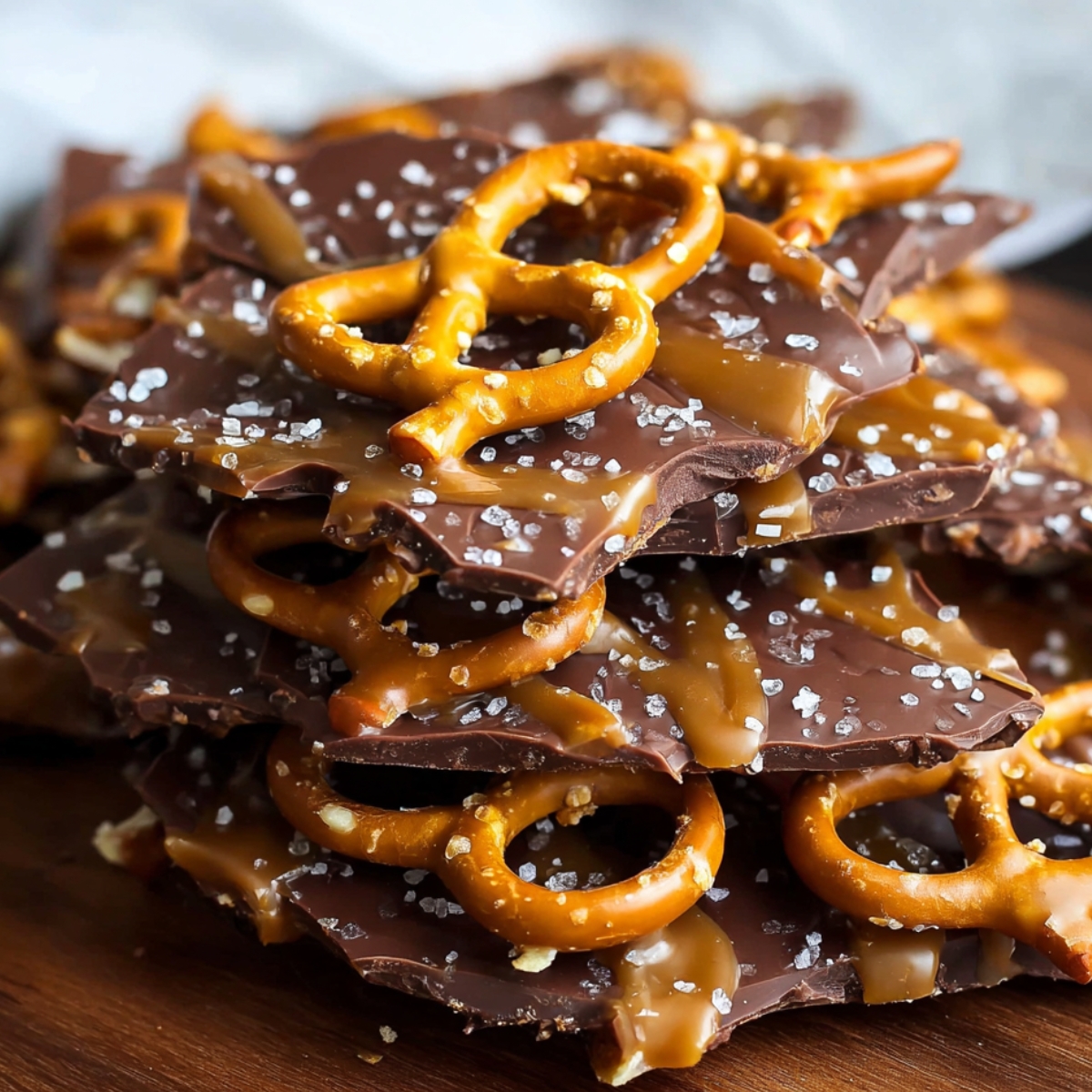 Homemade Salted Caramel Pretzel Bark, showing jagged pieces of dark chocolate coated in gooey caramel, topped with whole crunchy pretzels and sprinkled with flaky sea salt.