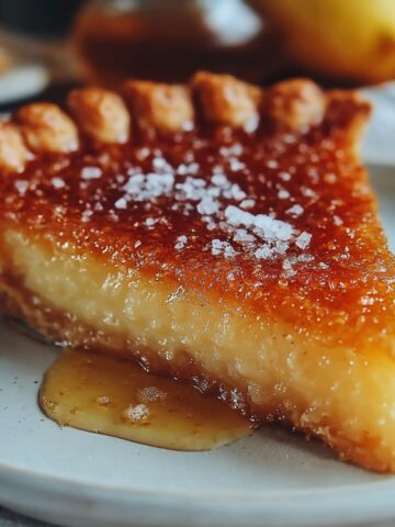 Homemade Salted Honey Pie with a golden, glossy caramelized top, silky honey custard filling, flaky crust, and a drizzle of honey pooling onto the plate, topped with sparkling sea salt flakes.