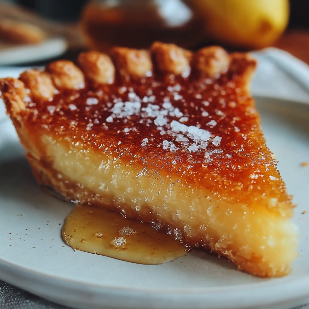 Homemade Salted Honey Pie with a golden, glossy caramelized top, silky honey custard filling, flaky crust, and a drizzle of honey pooling onto the plate, topped with sparkling sea salt flakes.